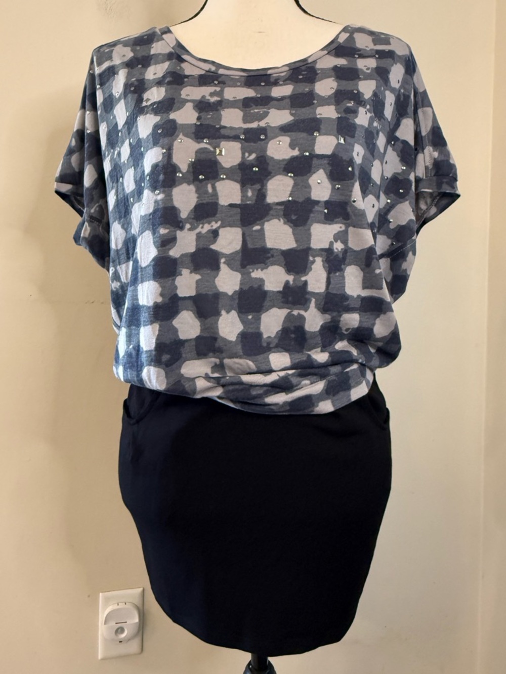 Vero Moda mini dress gray checkered top black skirt & pockets SZ XS
